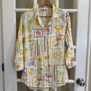 Calypso St. Barth Button Down Beach Shirt and Beach Theme Print Linen Blend